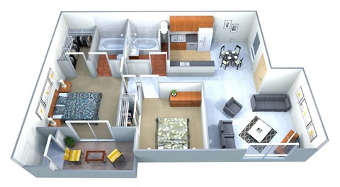 Floor plan for 2 beds, 2 baths, 827 sqft